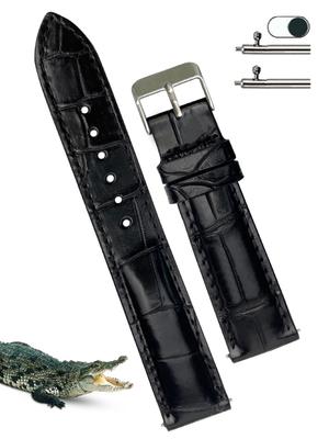 19mm Black Crocodile Watch Strap with Spring Replacement Crocodile Watch Silver [vinacreations] Quick-Release Bars, Band, Buckle, Handmade, Men's