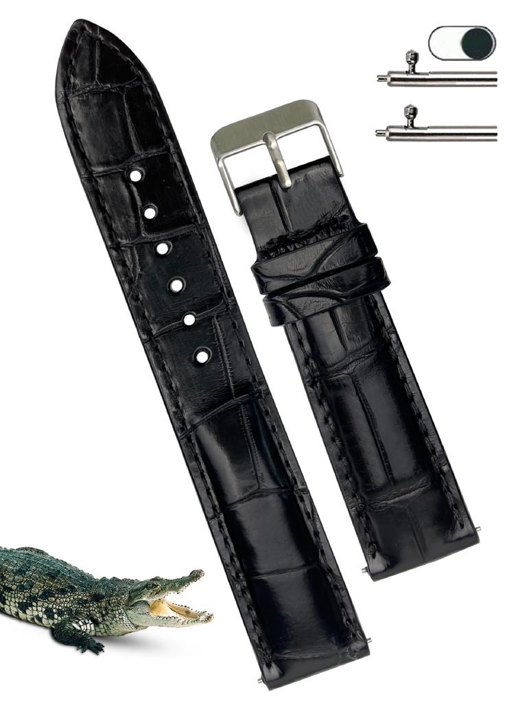 Vinacreations 20mm Black Crocodile Watch Strap with Quick Release Spring Replacement Alligator Watch Band with Silver Handmade for Men Bars, Buckle,