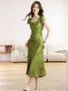Summer 2026 Green Satin Square Neck Short-Sleeve Dress for Middle-Aged & Elderly Women - Flattering Fit