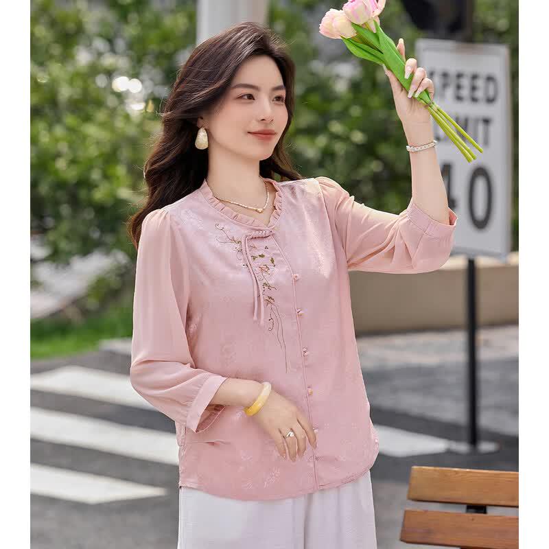 Elegante Blusa in Chiffon Ricamata in Stile Cinese