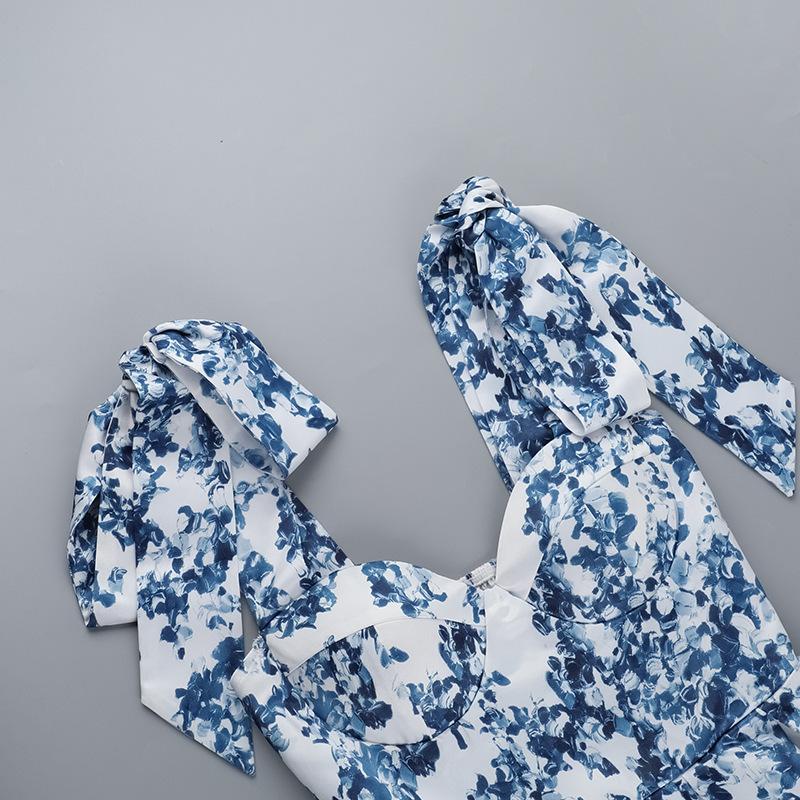 Vintage Blue Print Bow Lace-Up Sling Dress For Women High Waist Pleated A-Line Mini Dresses Summer New Vocation Lady Vestidos