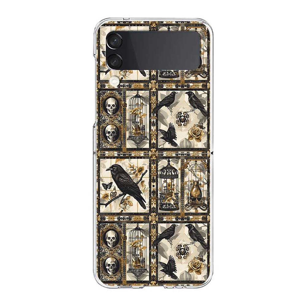 Phone Cover For Samsung Galaxy Z Flip 7 6 5 4 Case Transparent For Samsung Z Flip 3 Hard PC Foldable Shell Raven Crow Skull Bags