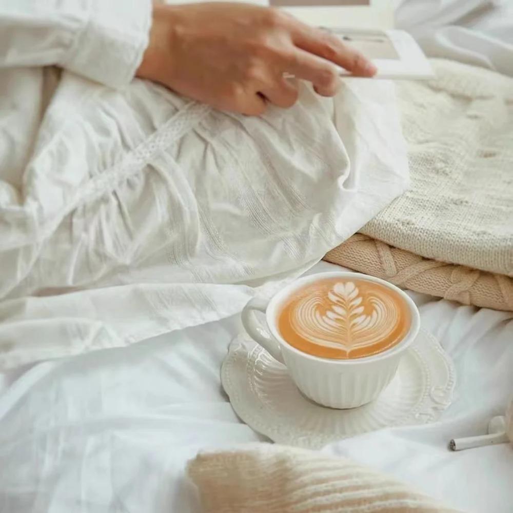 Pure White Ceramic Relief Coffee Cup High Beauty Mug European Afternoon Tea Tableware Exquisite Household Cups and Plates