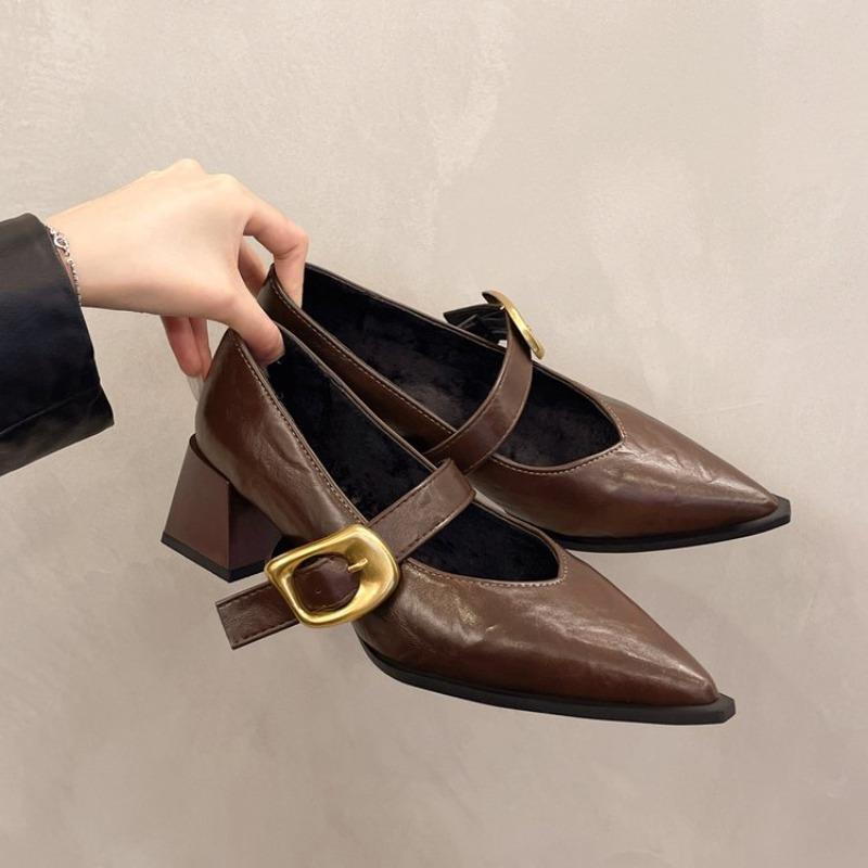 

Дизайн Туфли Мэри Джейн на высоком каблуке 2025 НОВИНКА Острый носок Женские Одинарные туфли Искусственная кожа Комфорт Весна Лето Платье Сексуальная Женская обувь 35 коричневый