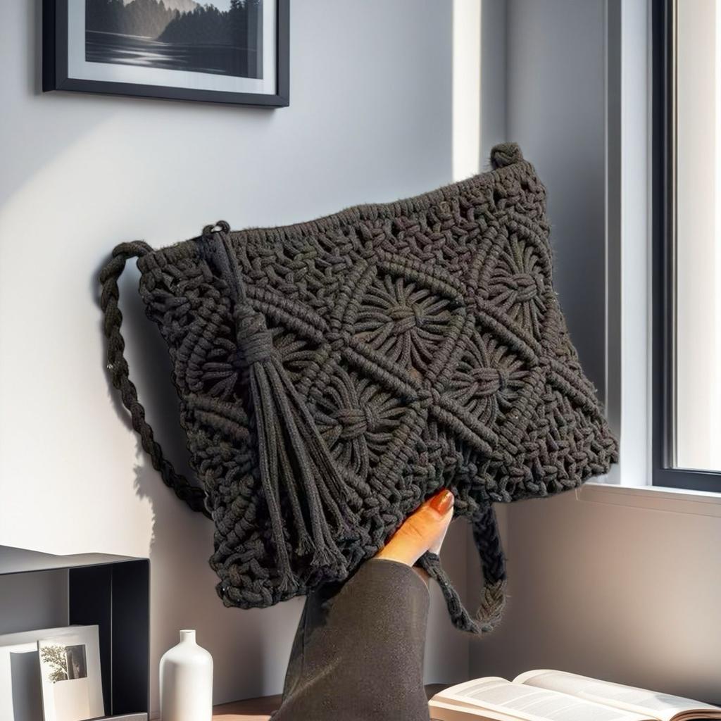 Ladies' Bohemian Style Handmade Woven Shoulder Bag - a Lightweight Summer Beach Clutch with Tassel Details,Crossbody Design