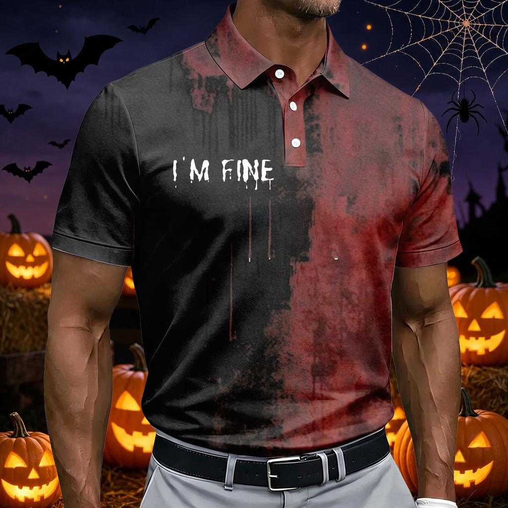 Men's Casual Short Sleeve Polo Shirt Halloween Print Breathable Lightweight Button Down Collar Summer Top