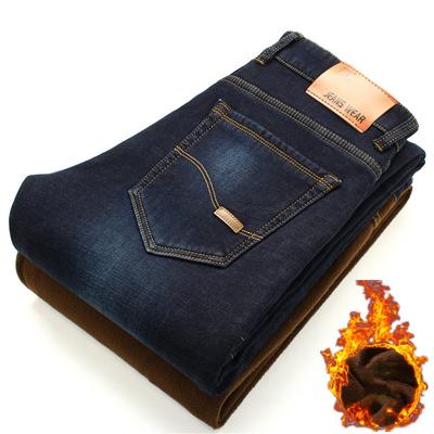 Autumn And Winter Thick And Warm Men'S Jeans With Velvet, Elastic Straight And Loose Fit Business Jeans