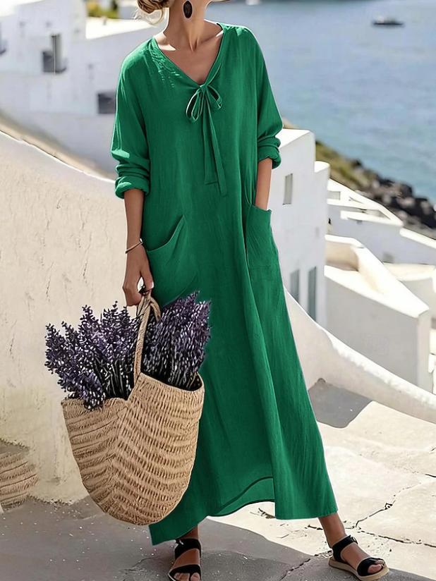 

2026 Elegant Summer Women s V-neck Dress with Bow and Pockets XXL зелёный