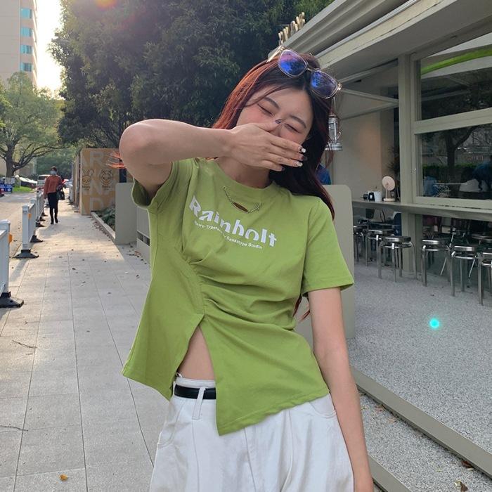 

Cotton Elastane American Spice Girl Tronda Black Shoulder Short Sleeve T-Shirt Women s Summer Dopamine Short Top XL зелений