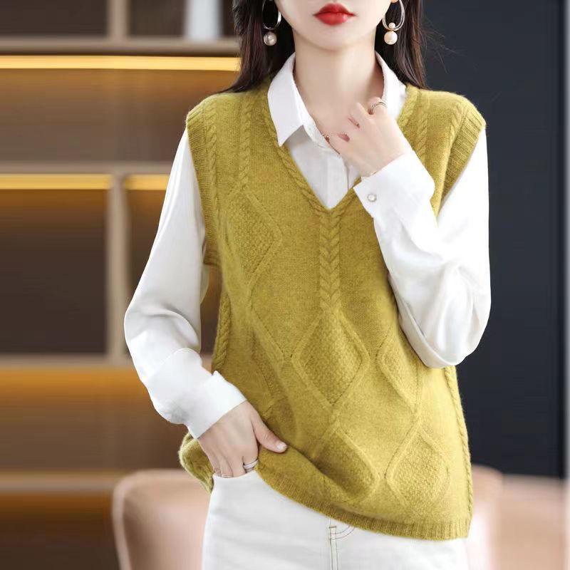 Women's Knitted Sweater Vest Top - V-Neck Hollow-Out Design, Casual Fall/Winter Pullover, Polyester, No Bra Pad, Japanese/Korean Special Collection