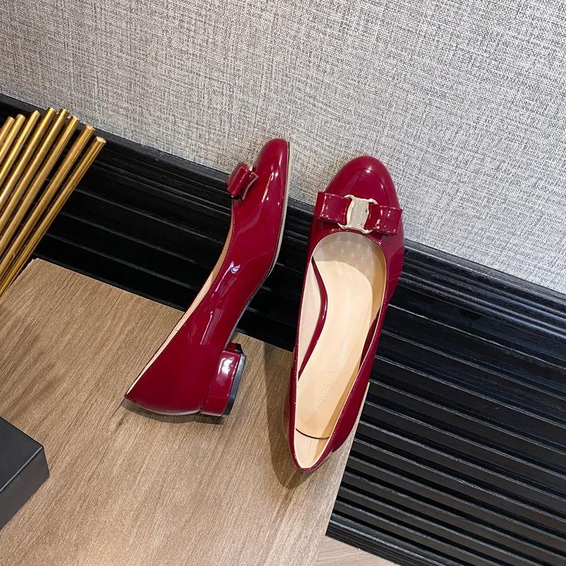 D-40 Bow Round Head Thick Heel Single Shoes Leather Ladyshoes Flat Shoes Patent Leather Not Tired Feet Women's Shoes Temperament Work Shoes