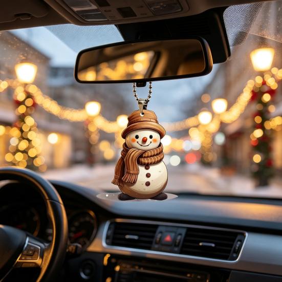Artistic Snowman Figurine Charm Cute Acrylic Pendant, 2D Flat Car Rearview Mirror Hanging Holiday Pendant Decoration with Keychain Ring, Christmas