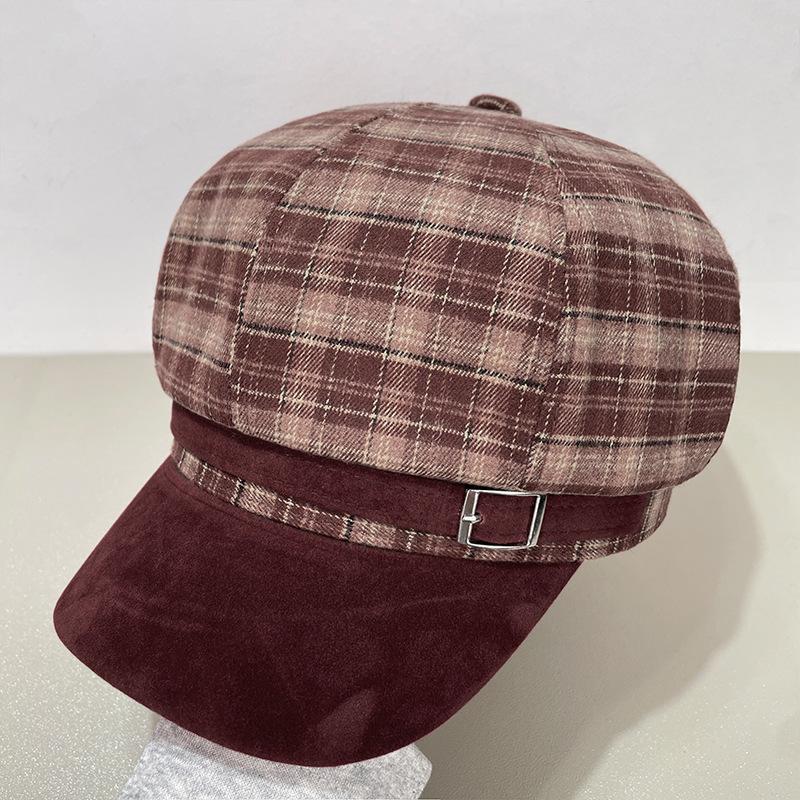 Retro Checkered Octagonal Hat Style for Women In Autumn and Winter British Style Beret Woolen Warm and Elegant Painter Newsboy Hat