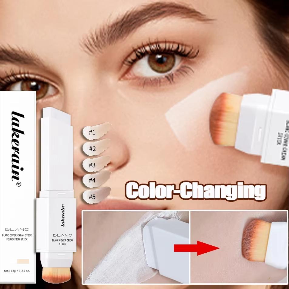 Dual-Ended White Color Changing Foundation Stick with Brush Makeup Smoothly Blending Moisturizing Brightening for All Skin Type