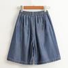 Women Summer Wide Leg Shorts High Waist Elastic Waistband Drawstring Pockets Solid Color Knee-Length Trousers