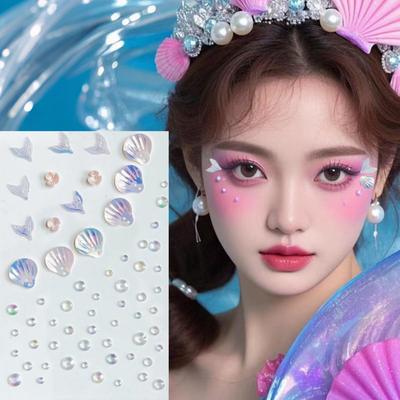 Mermaid Princess Rhinestone Face Stickers for Kids - Non-toxic, Sequined Shellfish Tail Design for Stage Makeup