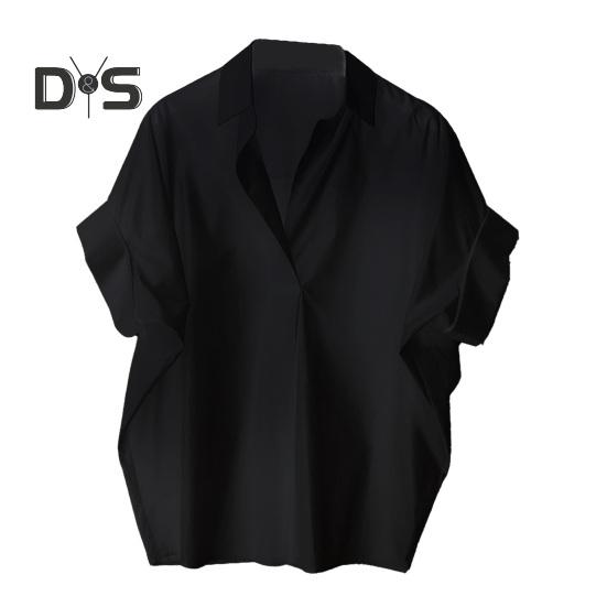 

Женская летняя рубашка с лацканами и коротким рукавом, однотонный пуловер, свободный крой, тонкая офисная женская рубашка, рабочая одежда 3XL чёрный