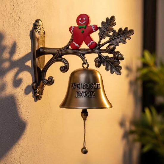 Christmas Welcome Home Bell Wall Mounted Rustic Metal Doorbell Vintage Santa Reindeer Snowman Penguin Hanging Dinner Bell for Front Door Yard