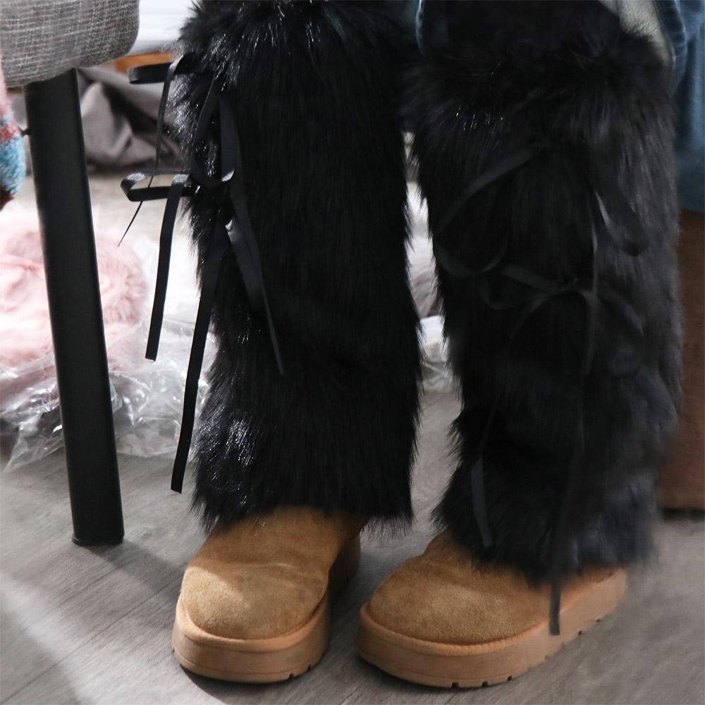 Faux Fur Furry Leg Warmers Y2k Women's Plush Stockings Fashion Lace Up Leg Warmers Fall Winter