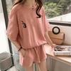 Red Two Piece Cotton Women's Sportswear Set Summer New Round Neck Short Sleeved Top+Shorts Women Loose Casual Clothing