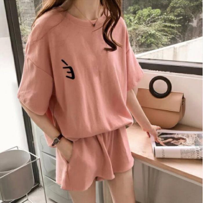Red Two Piece Cotton Women's Sportswear Set Summer New Round Neck Short Sleeved Top+Shorts Women Loose Casual Clothing
