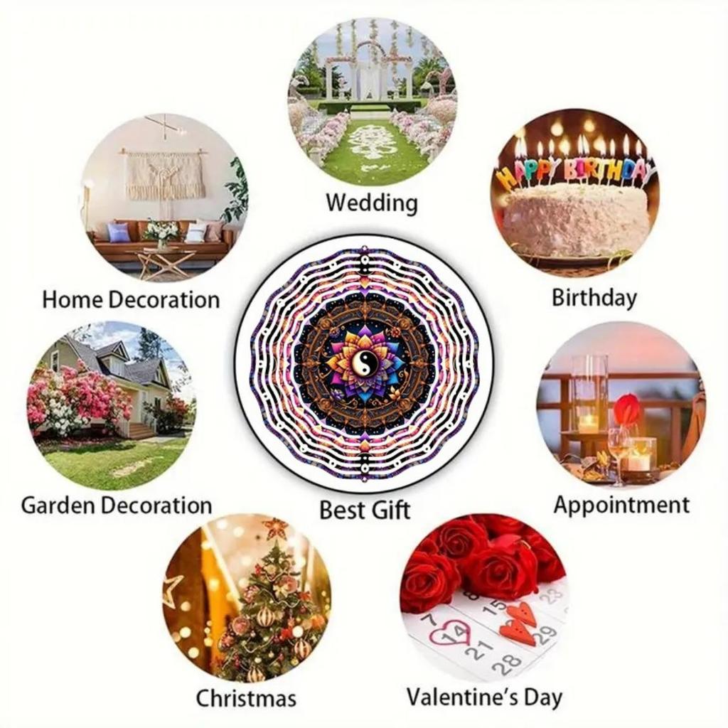 25.4cm 2D Yin Yang Flower Wind Spinner 360° Rotating Hook Laser-Cut Metal Mandala Decor Indoor Outdoor Gift