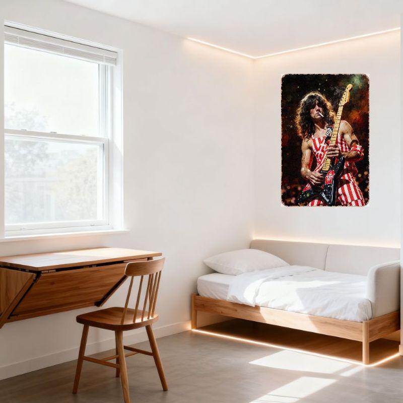 Muscular Man with Long Brown Hair Playing Black Electric Guitar Red Star Logos Vintage Tin Sign for Concert Man Cave Bar Home De