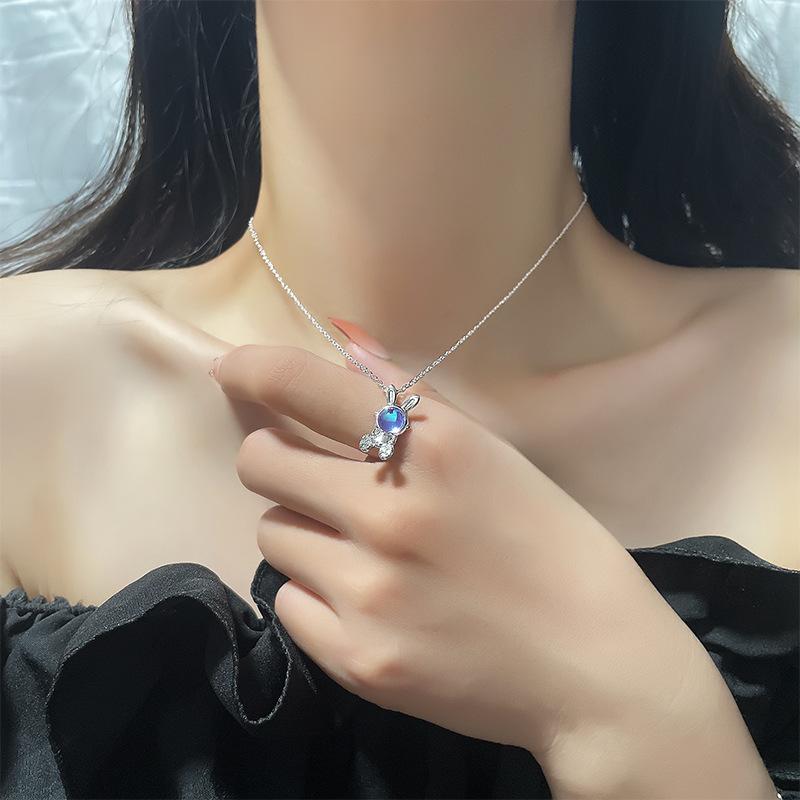 Girly Style Cute Little Rabbit Moonstone Necklace Xiaohongshu Diamond Zodiac Rabbit Pendant Collarbone Chain