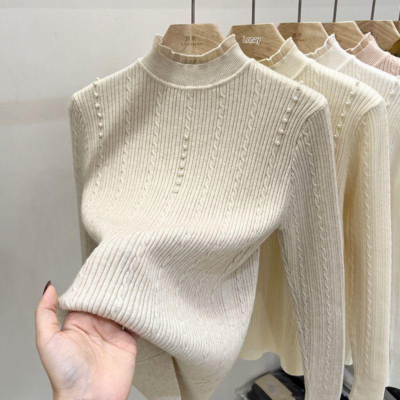 Lace Turtleneck Pearl Sweater: Long Sleeve Petite Knitwear for Autumn/Winter Women