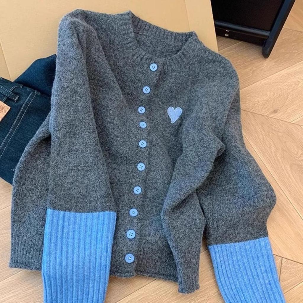 High-end Super Nice Color Block Knitted Cardigan Coat Women's Autumn Winter Top Unique Gray Sweater
