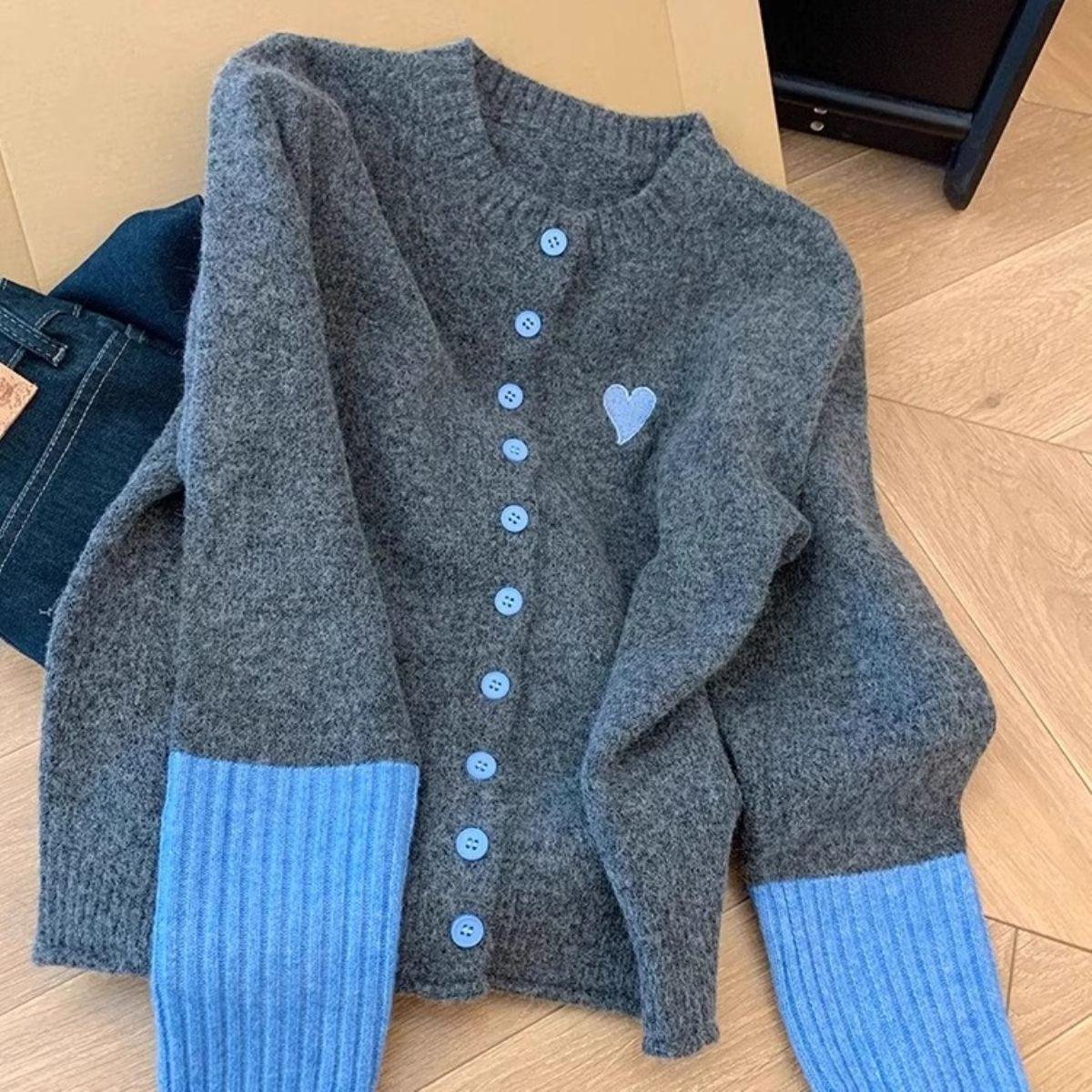 

Высококлассный Супер Милый Кардиган Пальто с Цветными Блоками Женский Осенне-Зимний Топ Уникальный Серый Свитер 2XL