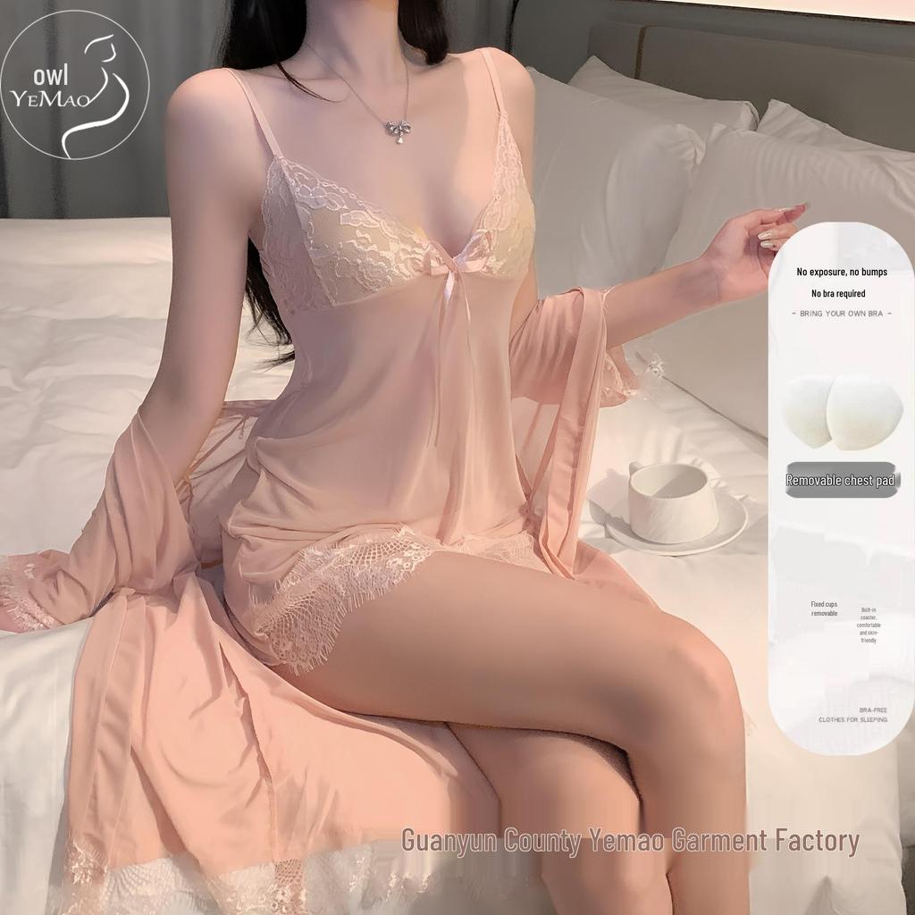 Plus Size Sexy Lace & Tulle Lingerie Set with Camisole, Nightgown, and Robe