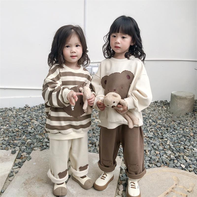 

Повседневный комплект «Маленький медвежонок» для весны/осени: Свободный свитшот для девочек, Детский пуловер с мультяшным принтом, Детская одежда 100