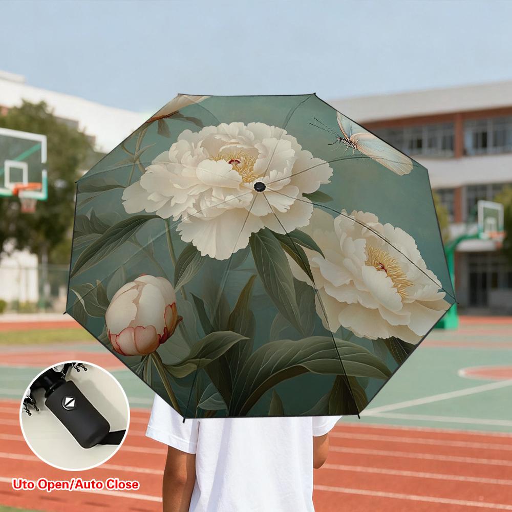 

1pc Automatic Open/Close Umbrella with Peony & Butterfly Floral Design - 8-Rib Thickened Reinforced Frame, -Resistant, Compact (as the picture,Iron&8K)