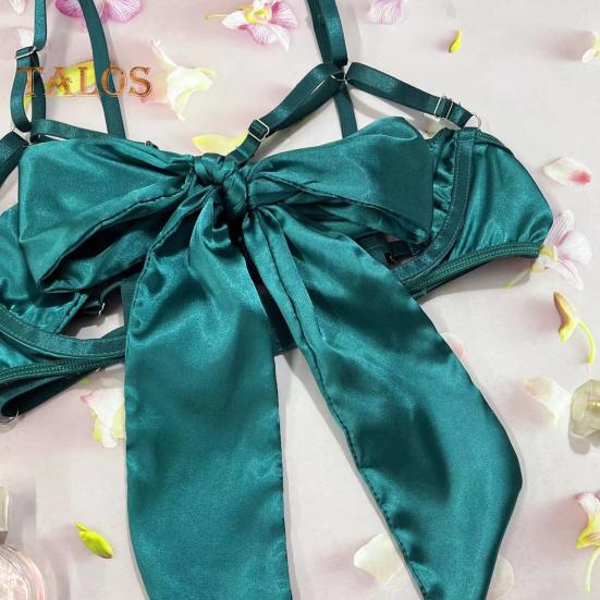 1 Set Women Bra Panties Thigh Ring Set Bow-knot Decor Sleeveless Backless Low-cut Pornographic Romantic Night Nightie Bra Briefs Set Wedding Night