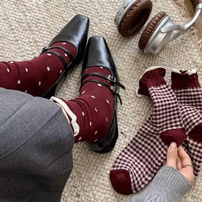 "Ankola Women's Mid-Tube Polka Dot Leather Shoes with Autumn and Winter Pile Socks"