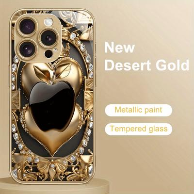 Capa de Celular de Vidro com Pintura Metálica Dourada com Estampa de Diamante Fashion para Apple para iPhone 17 16 15 14 13 12 Pro Max Plus 17 Air 16E