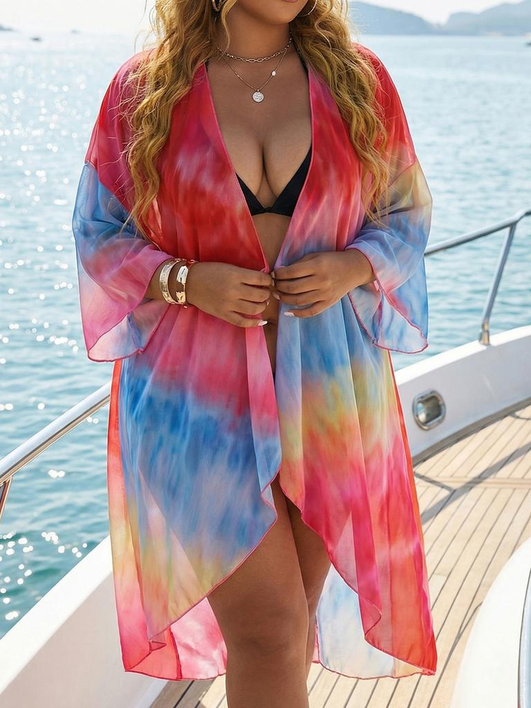 Women Plus Size Tie Dye Print Irregular Three Quarter Sleeve Mesh Flowy Beach Coat