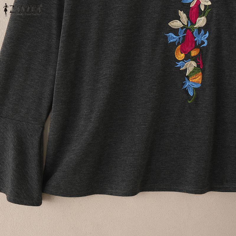 ZANZEA Bluză Casual Brodată cu Mâneci 3/4 Clopot și Gât Rotund pentru Femei