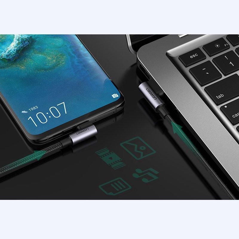 Угловой кабель Ugreen USB-USB Type-C, быстрая зарядка 3.0, 3А, 0,5 м, серый (Модель US176 20855)