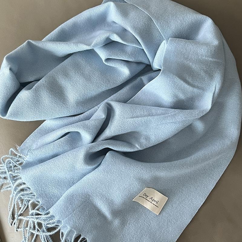 Blue Scarf for Girls with A Sense of Atmosphere in Winter Versatile Solid Color Long Imitation Cashmere Tassel Shawl and Scarf