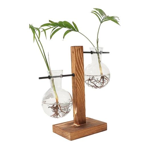 Plant Propagation Station with 1/2 Glass Vases And Wood Stand Decorative Tabletop Terrarium Planter Clear Glass Hydroponic Vase for Office Garden Home