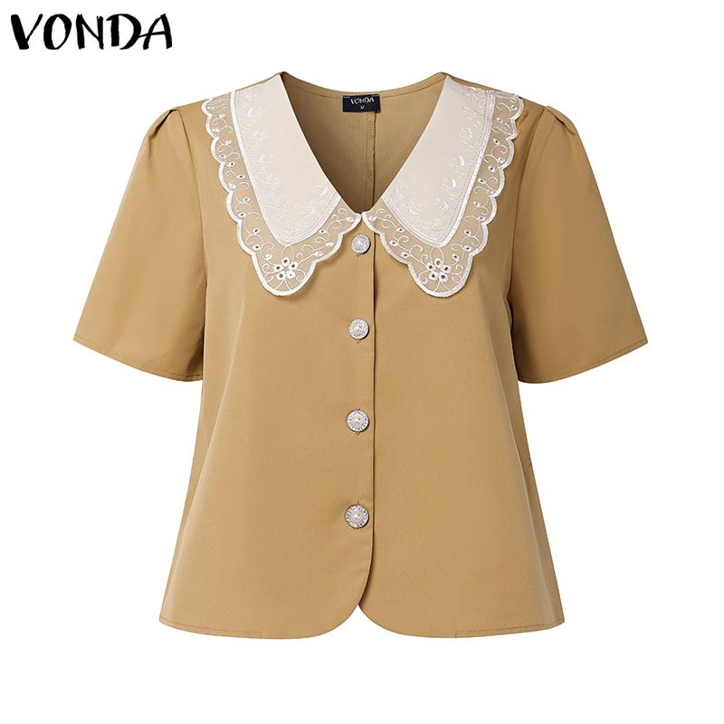 

VONDA Women Lace Doll Collar Patchwork Casual Short Blouse 5XL