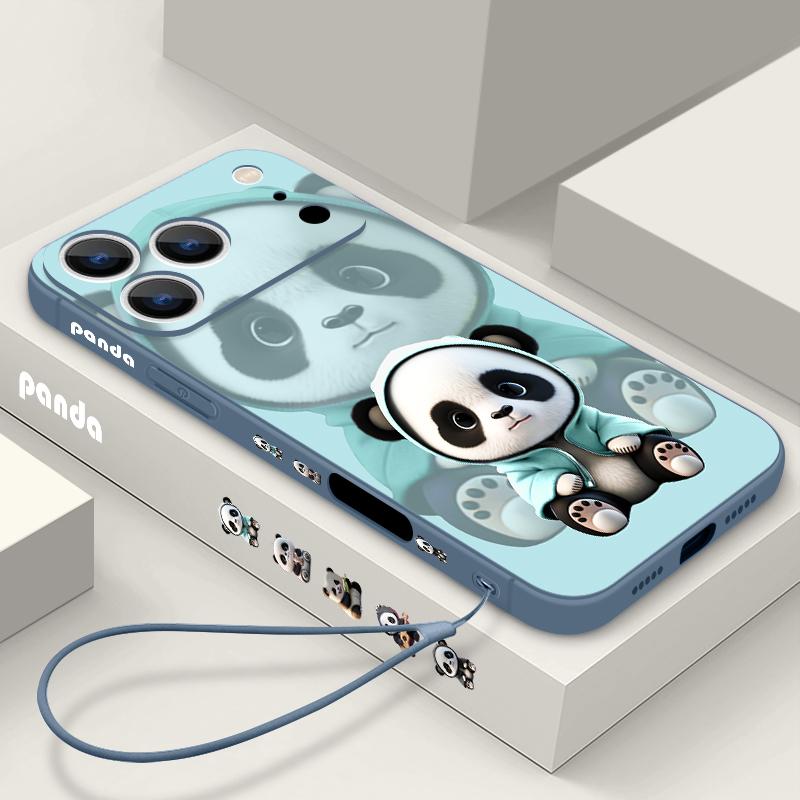 Blauer Mantel Panda Muster Lanyard Hülle Für iPhone 17 Pro Max Weiche Silikonhülle Für iPhone 16 Pro Max Funda iPhone 15 14 13 12 11 16E Air