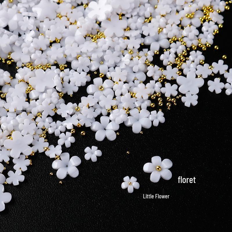 

White Five-Petal Flower Resin Nail Art Accessories with Black Steel Beads