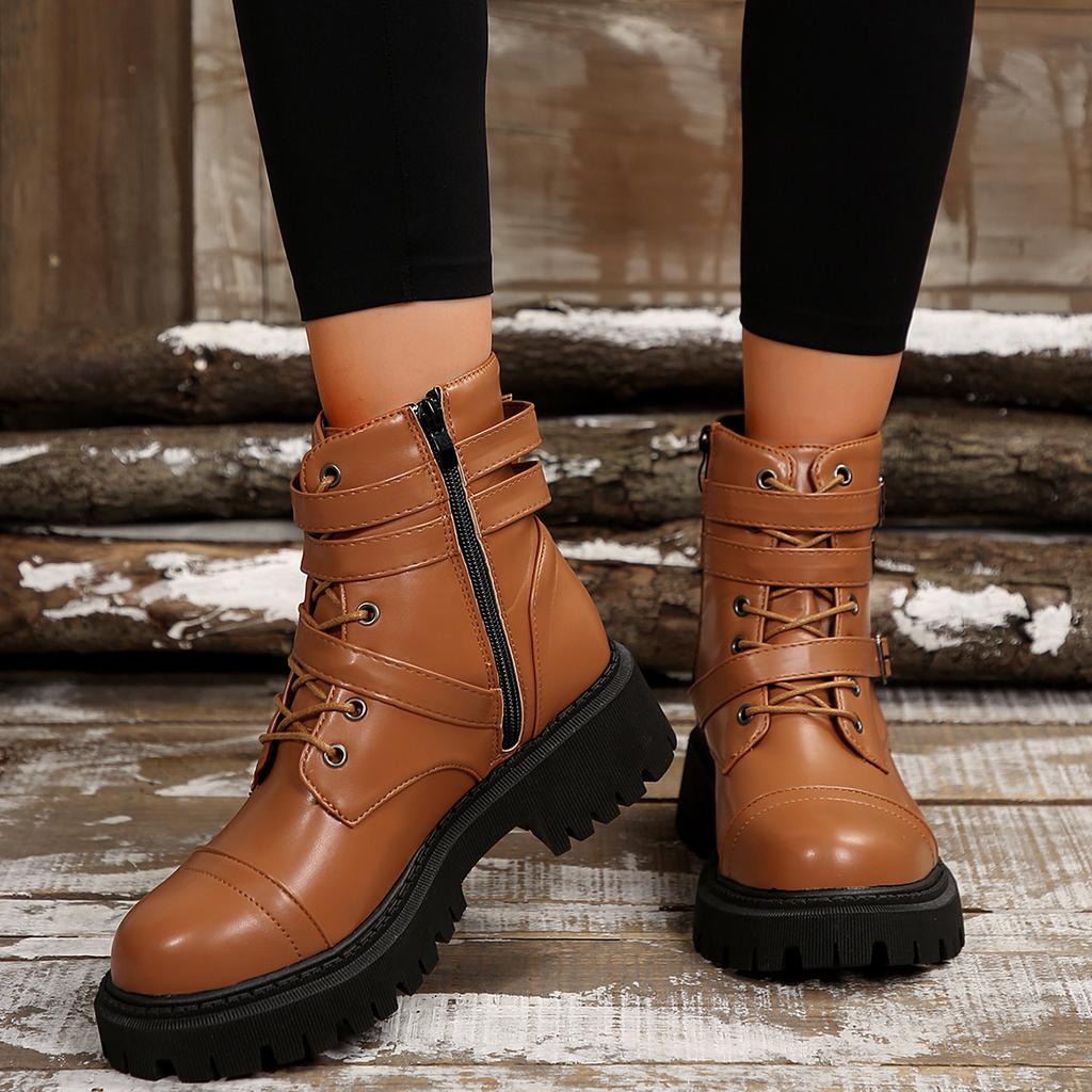 Fashionable Retro Warm Plus Size Mid Length Boots For Winter New Round Toe Thick Soled Comfortable Motorcycle Boots For Women
