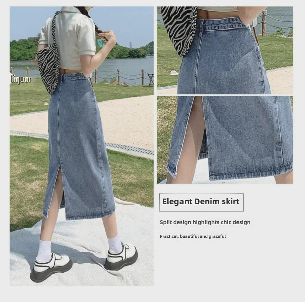 Schwarzer Denim Midi-Rock mit Schlitz und hohem Bund - 2025 A-Linien-Stil für Frühling/Herbst für Damen