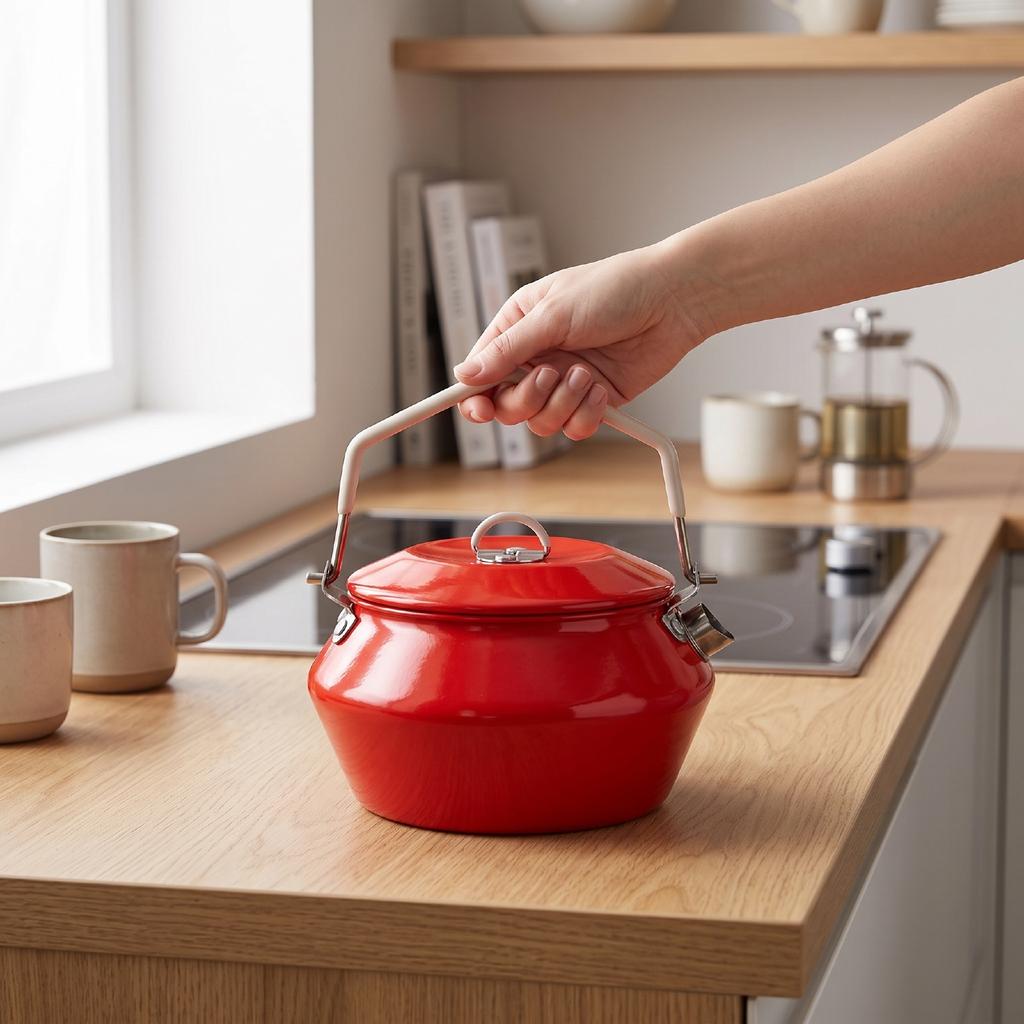 Camping Kettle 304 Stainless Steel Outdoor Coffee Tea Pot with Thick Silicone Handle Red Enamel Coating Fast Heating Portable Water Boiler for Hiking