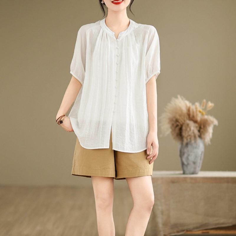 Johnature Summer Thin Simple Solid Color Women Tops Casual O-neck Short Sleeve Button Loose All Match Shirts