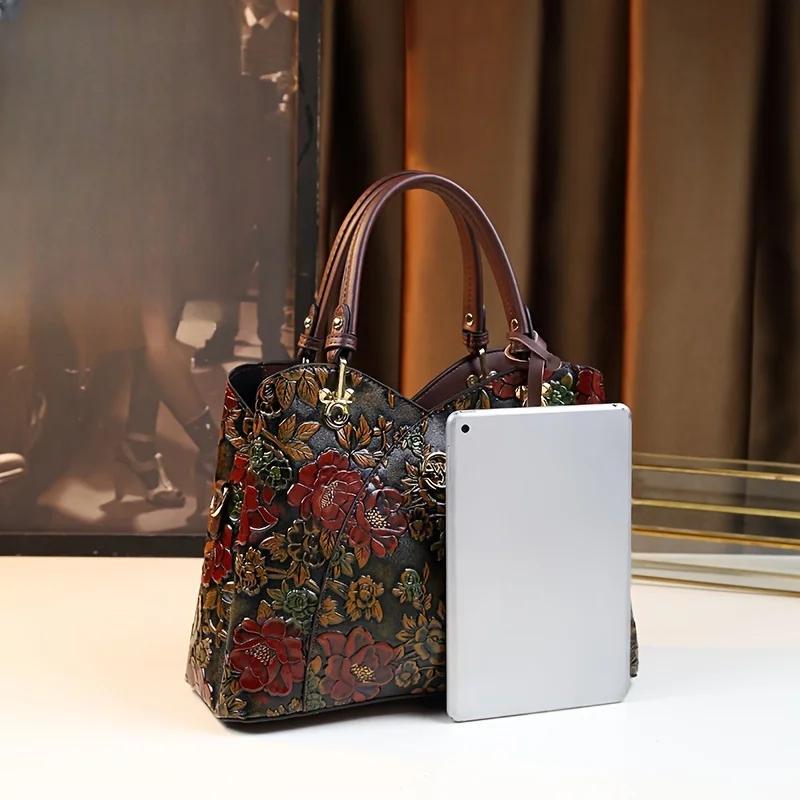 Vintage Präglad Blommig Mönster Axelhandväska, Lyxig PU Läder Toteväska, Mode Crossbodyväska För Kvinnor4.7250 köp